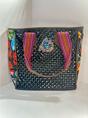 Consuela La Reina Classic Tote Black Quilted with Multicolor Striped Handles